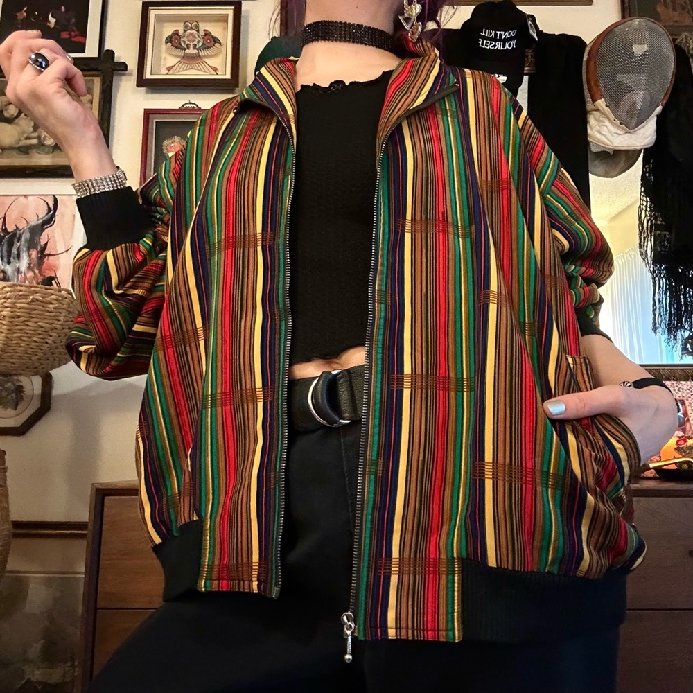 vintage mine brand rasta colors striped silky bomber jacket / size 13